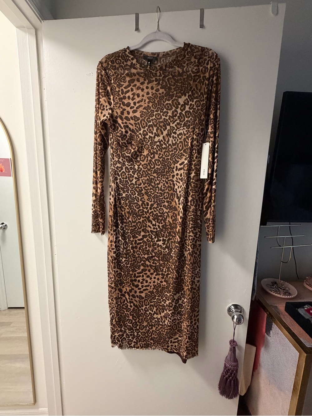 Aqua Brown Leopard Print Long Sleeve Bodycon Dress